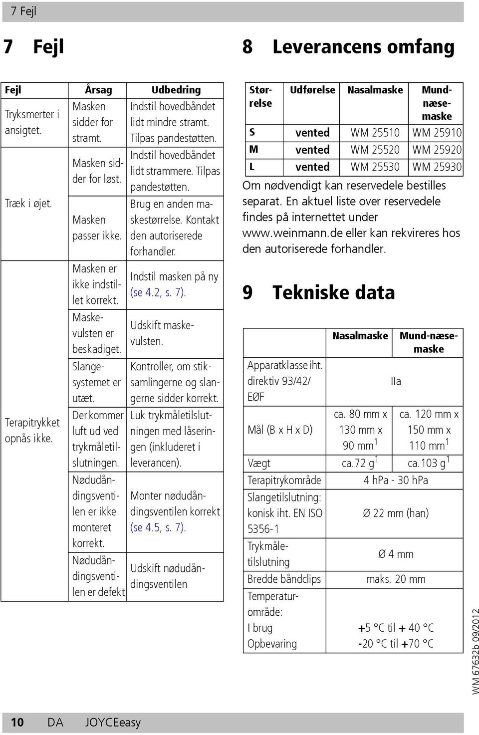 Nødudåndingsventilen er ikke monteret korrekt. Indstil hovedbåndet lidt mindre stramt. Tilpas pandestøtten. Indstil hovedbåndet lidt strammere. Tilpas pandestøtten. Brug en anden maskestørrelse.