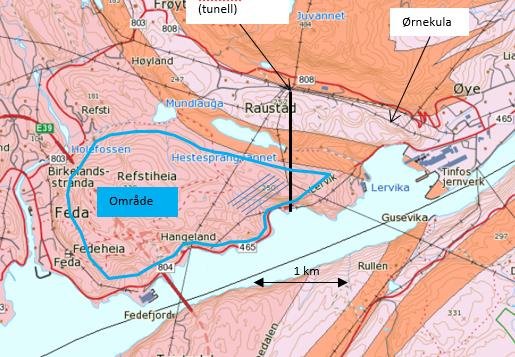 Figur 69 Aktuelt område for etablering av fjellhaller Kilde: Eramet Dette området er ca. 2,6 km2 og er ca. 2,7 km på langs. Planen er å sprenge ut fjellhaller på b25xh40/50 m og lengde på ca. 250 m.