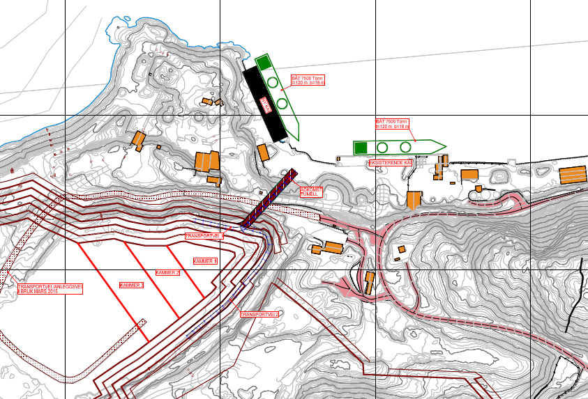 Tegningen som følger viser søkers forslag til utsprengning og foreløpig planlagt ny infrastruktur for Rekefjord.