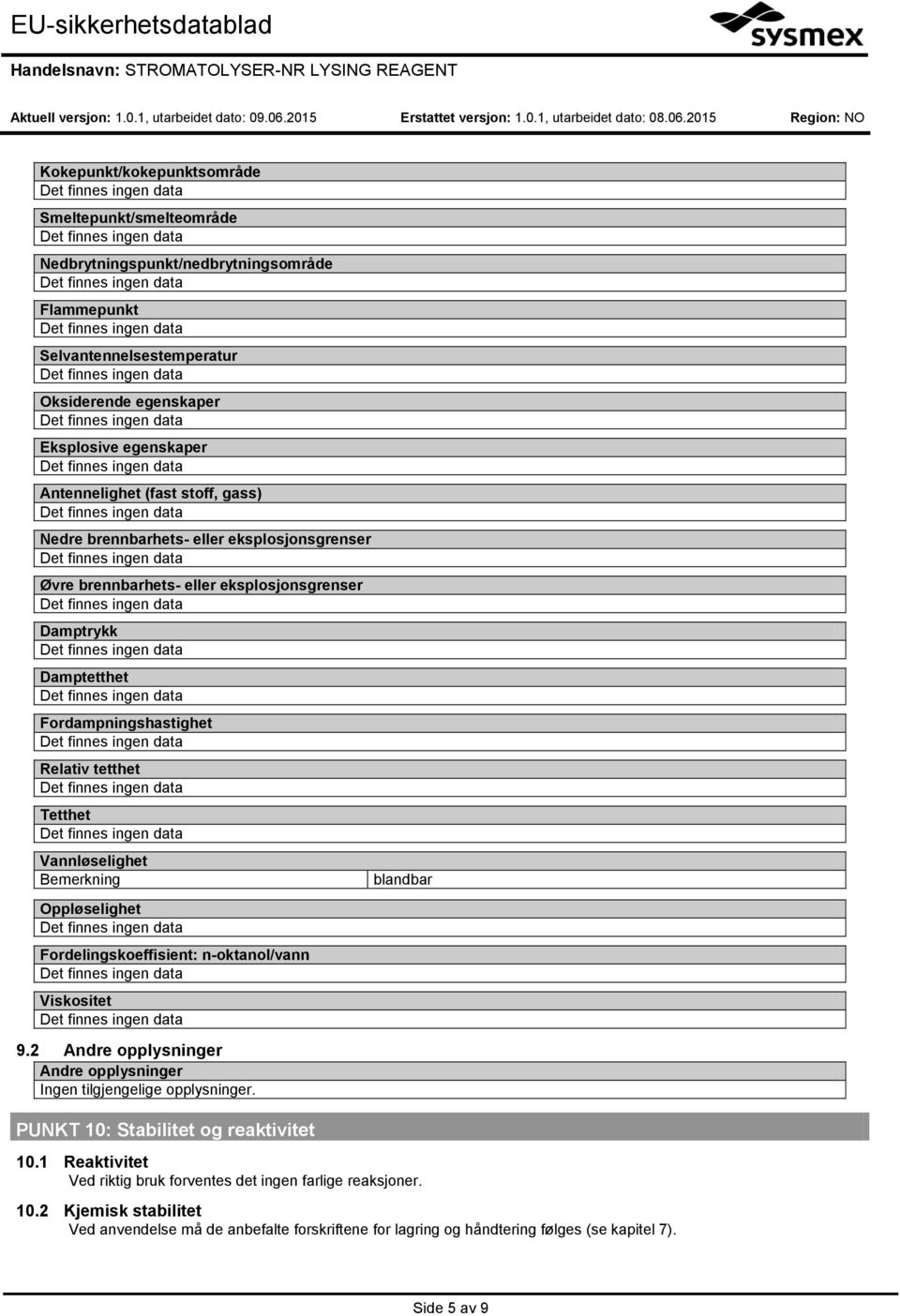 Tetthet Vannløselighet Bemerkning Oppløselighet Fordelingskoeffisient: n-oktanol/vann Viskositet 9.