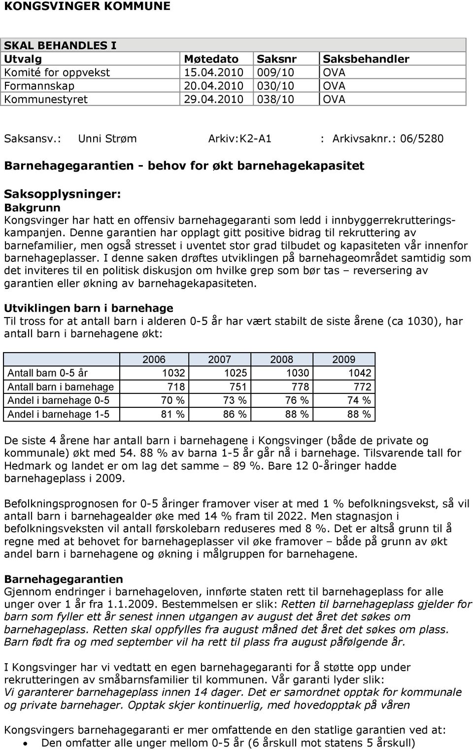 : 06/5280 Barnehagegarantien - behov for økt barnehagekapasitet Saksopplysninger: Bakgrunn Kongsvinger har hatt en offensiv barnehagegaranti som ledd i innbyggerrekrutteringskampanjen.
