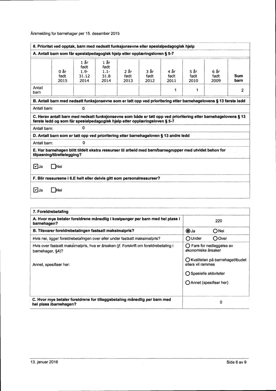 Antall barn med nedsatt funksjonsevne som er tatt opp ved prioritering etter bamehagelovens 13 første ledd Antall barn: 0 C.