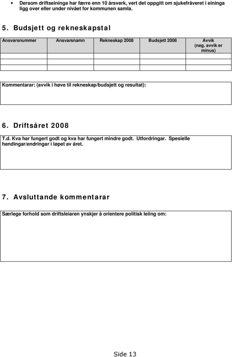 avvik er minus) Kommentarar: (avvik i høve til rekneskap/budsjett og resultat): 6. Driftsåret 2008 T.d. Kva har fungert godt og kva har fungert mindre godt.