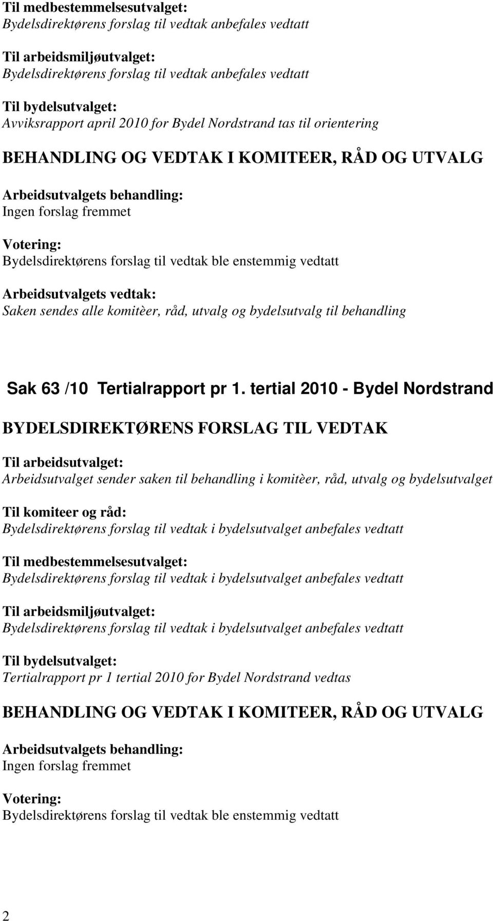 bydelsutvalg til behandling Sak 63 /10 Tertialrapport pr 1.