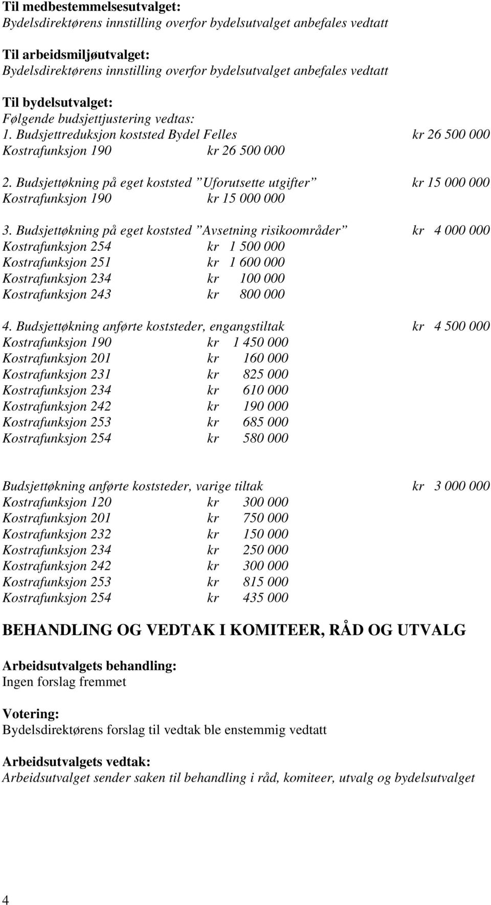 Budsjettøkning på eget koststed Uforutsette utgifter kr 15 000 000 Kostrafunksjon 190 kr 15 000 000 3.