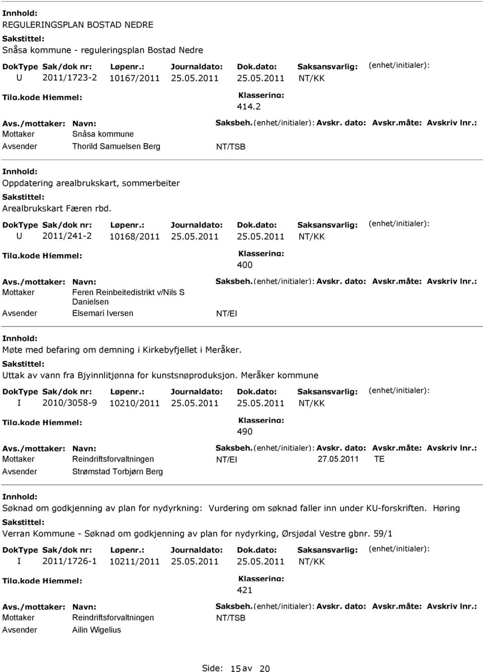 2011/241-2 10168/2011 400 Feren Reinbeitedistrikt v/nils S Danielsen Elsemari versen NT/E Møte med befaring om demning i Kirkebyfjellet i Meråker.