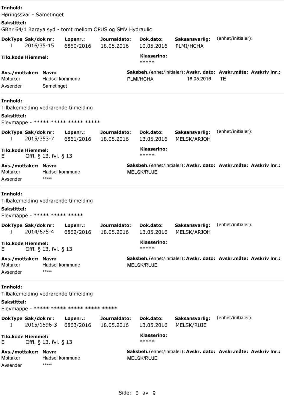 måte: vskriv lnr.: MELSK/RUJE vsender nnhold: Tilbakemelding vedrørende tilmelding Elevmappe - 2014/675-4 6862/2016 MELSK/RJOH E Offl. 13, fvl. 13 vs./mottaker: Navn: Saksbeh. vskr. dato: vskr.