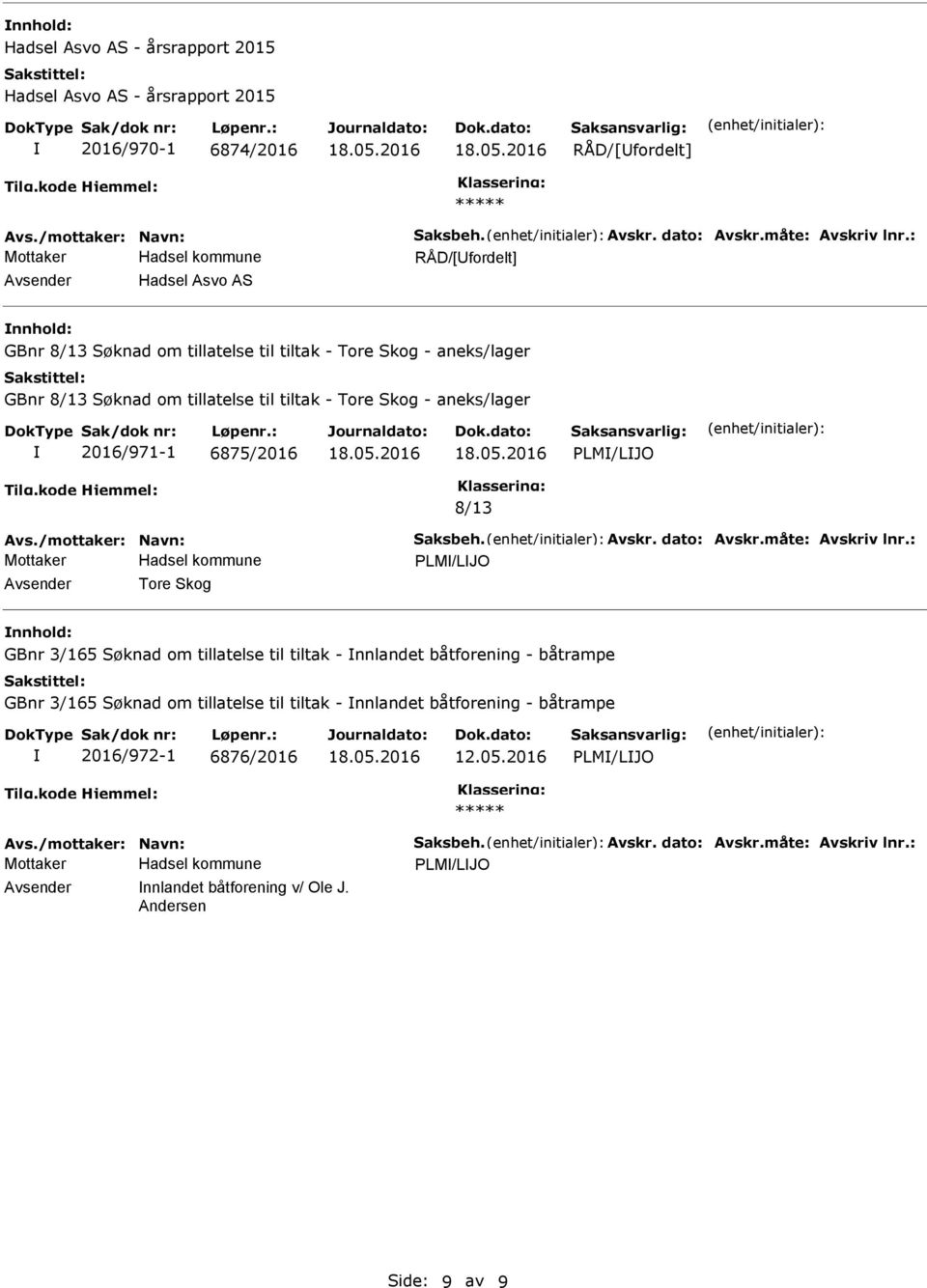 6875/2016 PLM/LJO 8/13 vs./mottaker: Navn: Saksbeh. vskr. dato: vskr.måte: vskriv lnr.
