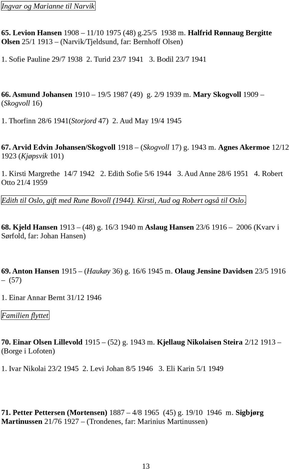 Aud May 19/4 1945 67. Arvid Edvin Johansen/Skogvoll 1918 ЈC (Skogvoll 17) g. 1943 m. Agnes Akermoe 12/12 1923 (Kj 0 3psvik 101) 1. Kirsti Margrethe 14/7 1942 2. Edith Sofie 5/6 1944 3.