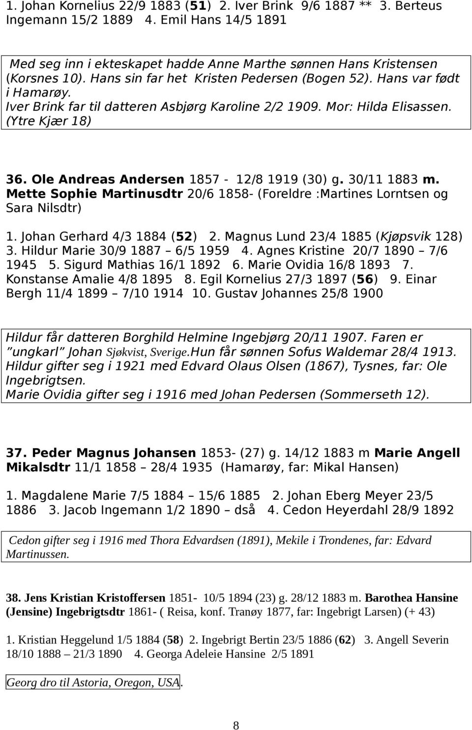 Ole Andreas Andersen 1857-12/8 1919 (30) g. 30/11 1883 m. Mette Sophie Martinusdtr 20/6 1858- (Foreldre :Martines Lorntsen og Sara Nilsdtr) 1. Johan Gerhard 4/3 1884 (52) 2.