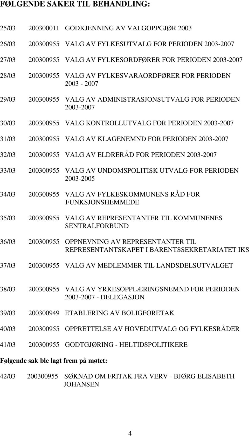 2003-2007 31/03 200300955 VALG AV KLAGENEMND FOR PERIODEN 2003-2007 32/03 200300955 VALG AV ELDRERÅD FOR PERIODEN 2003-2007 33/03 200300955 VALG AV UNDOMSPOLITISK UTVALG FOR PERIODEN 2003-2005 34/03