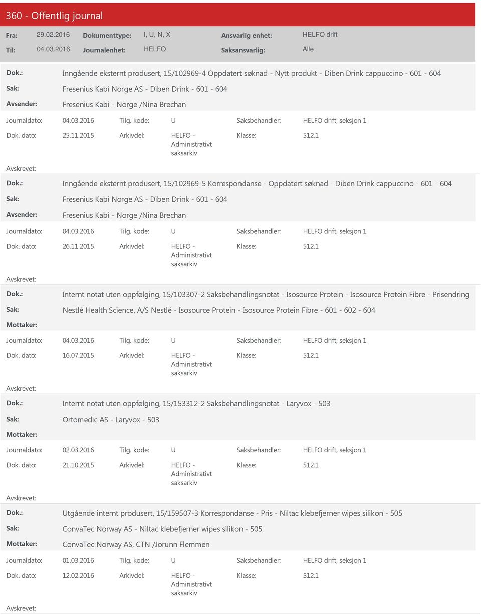 1 Inngående eksternt produsert, 15/102969-5 Korrespondanse - Oppdatert søknad - Diben Drink cappuccino - 601-604 Fresenius Kabi Norge AS - Diben Drink - 601-604 Fresenius Kabi - Norge /Nina Brechan