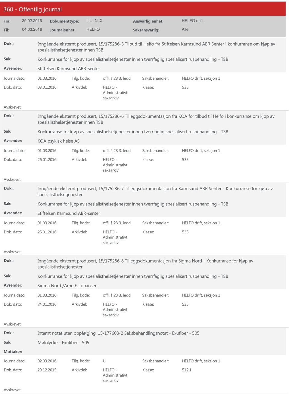 2016-535 Inngående eksternt produsert, 15/175286-6 Tilleggsdokumentasjon fra KOA for tilbud til Helfo i konkurranse om kjøp av spesialisthelsetjenester innen TSB Konkurranse for kjøp av