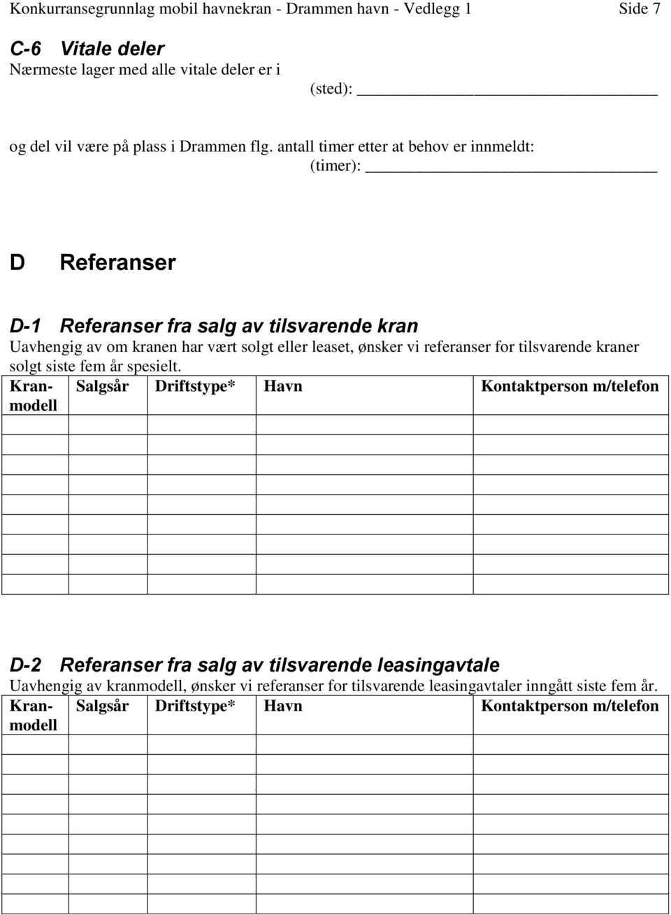 antall timer etter at behov er innmeldt: (timer): D Referanser D-1 Referanser fra salg av tilsvarende kran Uavhengig av om kranen har vært solgt eller leaset, ønsker vi