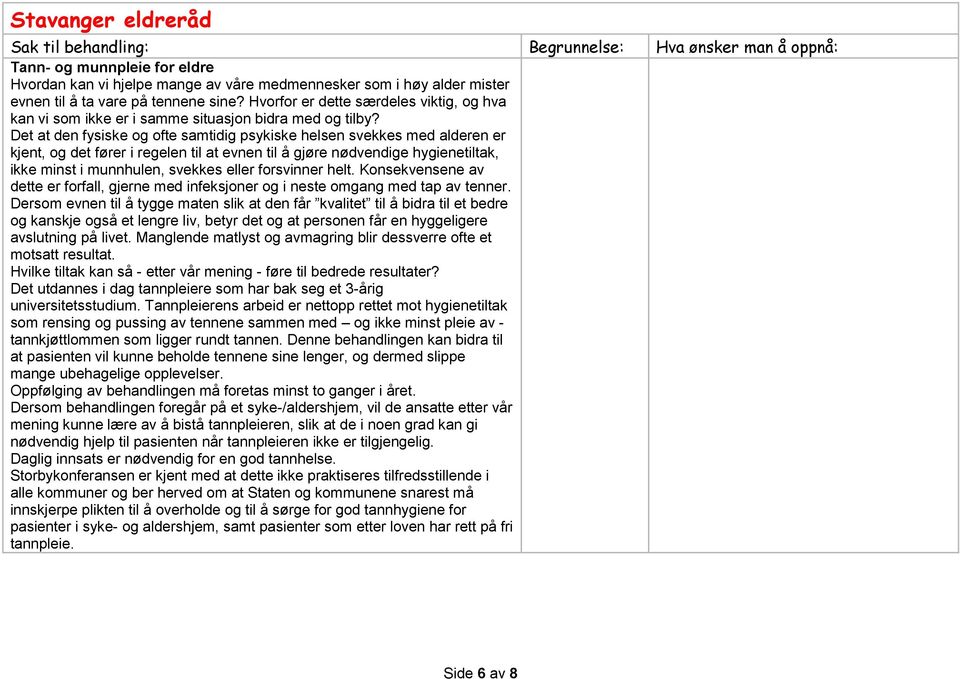 Det at den fysiske og ofte samtidig psykiske helsen svekkes med alderen er kjent, og det fører i regelen til at evnen til å gjøre nødvendige hygienetiltak, ikke minst i munnhulen, svekkes eller