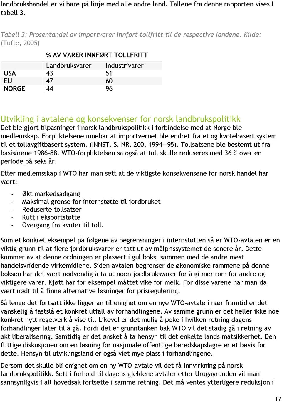 tilpasninger i norsk landbrukspolitikk i forbindelse med at Norge ble medlemskap. Forpliktelsene innebar at importvernet ble endret fra et og kvotebasert system til et tollavgiftbasert system. (INNST.