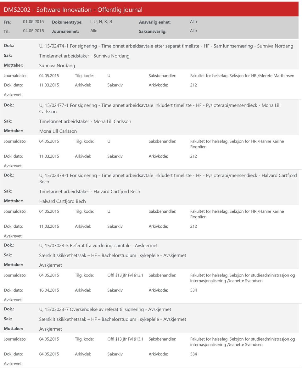 2015 Arkivdel: Sakarkiv, 15/02477-1 For signering - Timelønnet arbeidsavtale inkludert timeliste - HF - Fysioterapi/mensendieck - Mona Lill Carlsson Timelønnet arbeidstaker - Mona Lill Carlsson Mona