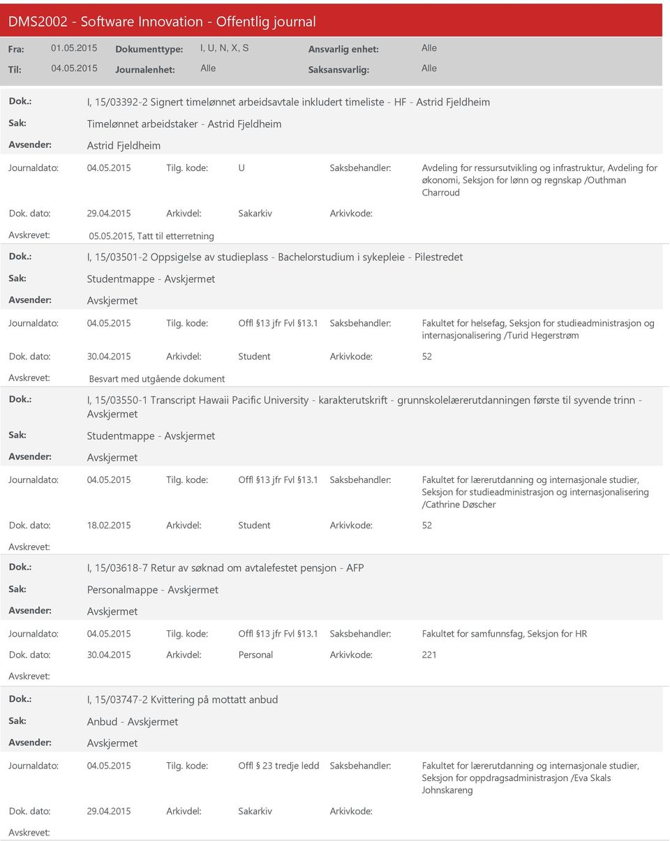 2015 Arkivdel: Student Besvart med utgående dokument I, 15/03550-1 Transcript Hawaii Pacific niversity - karakterutskrift - grunnskolelærerutdanningen første til syvende trinn - Studentmappe -