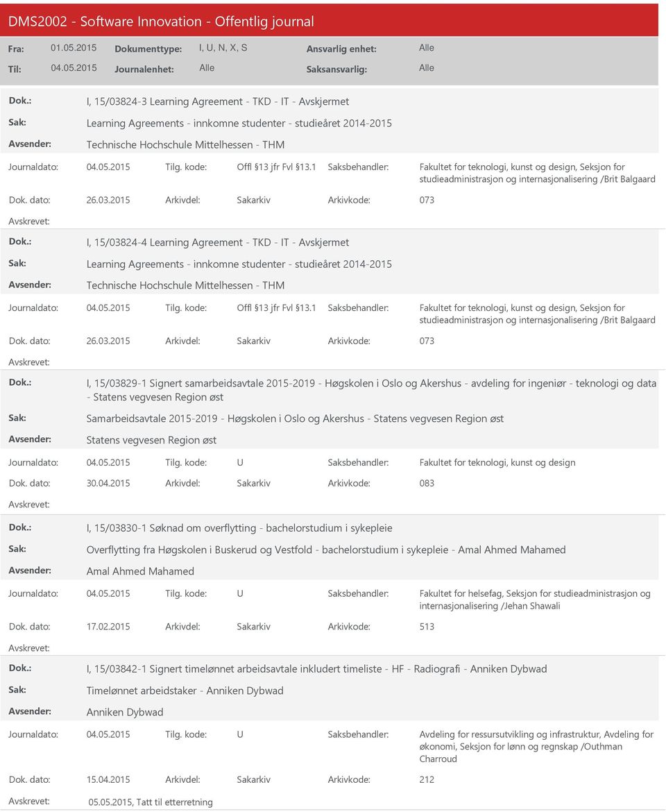 2015 Arkivdel: Sakarkiv Arkivkode: 073 I, 15/03824-4 Learning Agreement - TKD - IT - Learning Agreements - innkomne studenter - studieåret 2014-2015 Technische Hochschule Mittelhessen - THM