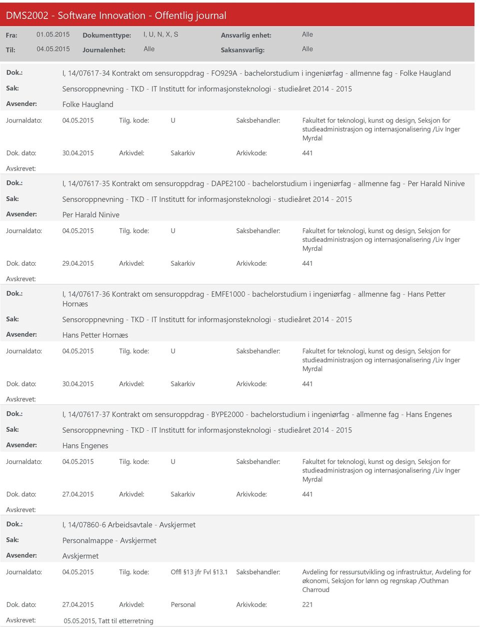 2015 Arkivdel: Sakarkiv Arkivkode: 441 I, 14/07617-35 Kontrakt om sensuroppdrag - DAPE2100 - bachelorstudium i ingeniørfag - allmenne fag - Per Harald Ninive Sensoroppnevning - TKD - IT Institutt for