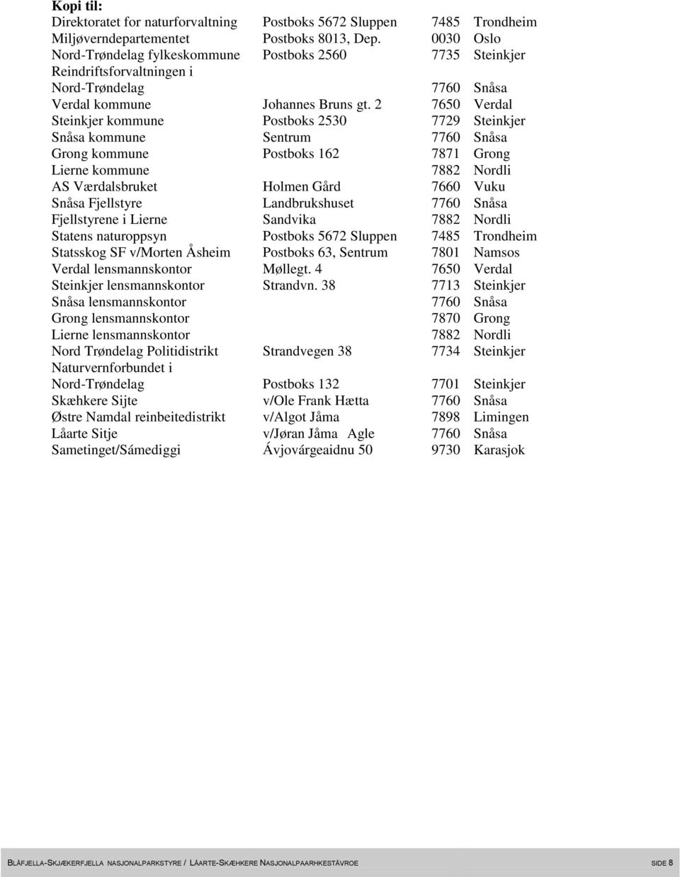 2 7650 Verdal Steinkjer kommune Postboks 2530 7729 Steinkjer Snåsa kommune Sentrum 7760 Snåsa Grong kommune Postboks 162 7871 Grong Lierne kommune 7882 Nordli AS Værdalsbruket Holmen Gård 7660 Vuku