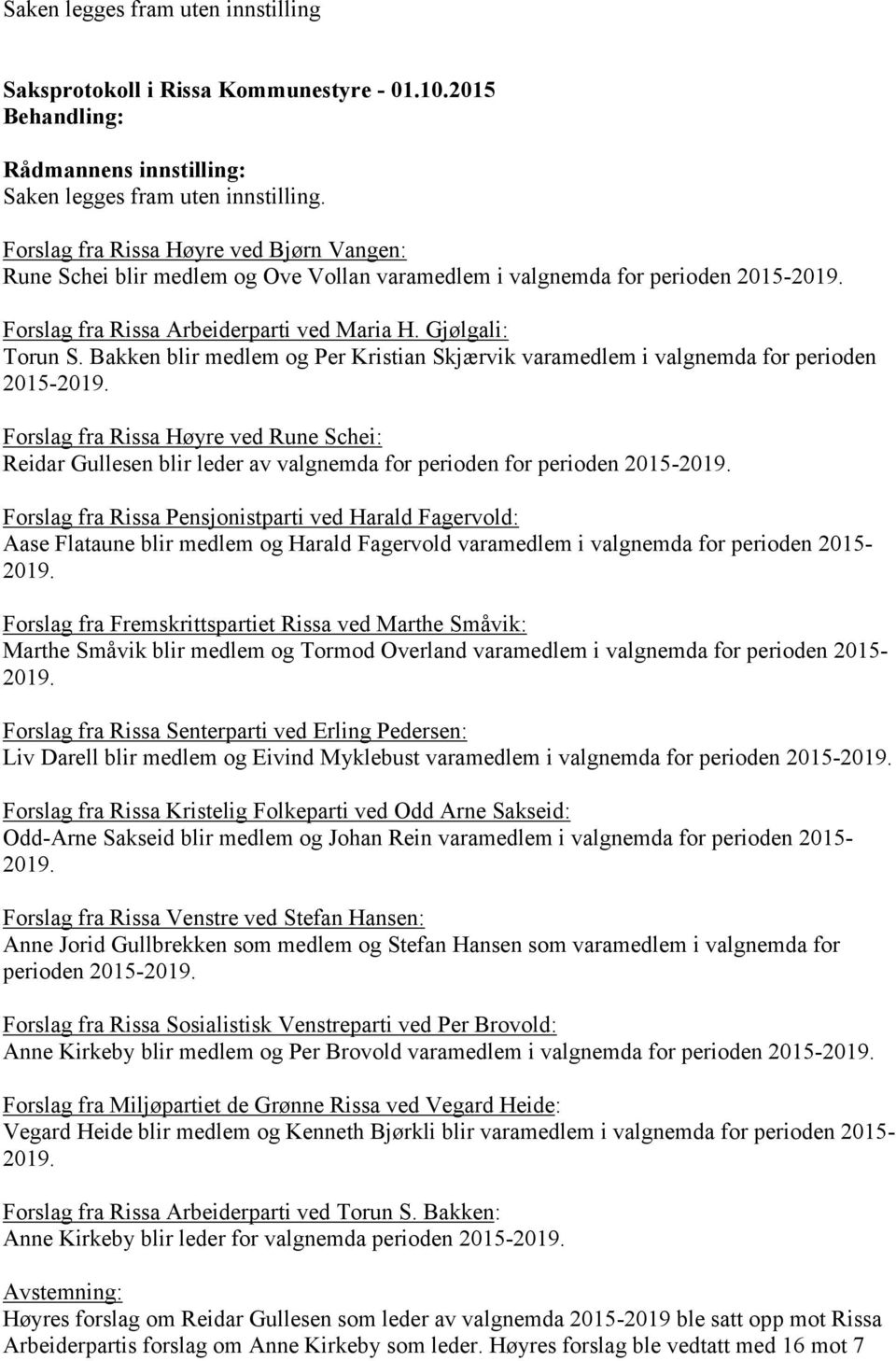 Bakken blir medlem og Per Kristian Skjærvik varamedlem i valgnemda for perioden 2015-2019.