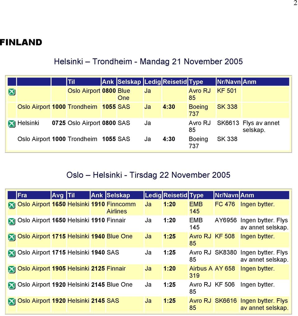 476 Ingen Airlines 145 Oslo Airport 1650 Helsinki 1910 Finnair Ja 1:20 EMB 145 Oslo Airport 1715 Helsinki 1940 Blue One Ja 1:25 Avro RJ Oslo Airport 1715 Helsinki 1940 SAS Ja 1:25 Avro RJ Oslo