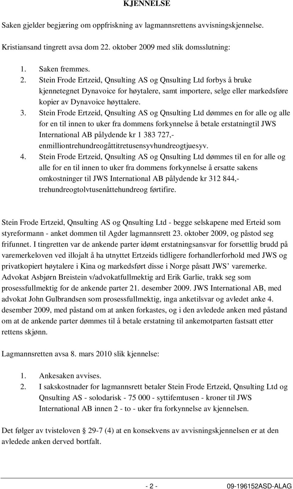 3. Stein Frode Ertzeid, Qnsulting AS og Qnsulting Ltd dømmes en for alle og alle for en til innen to uker fra dommens forkynnelse å betale erstatningtil JWS International AB pålydende kr 1 383 727,-