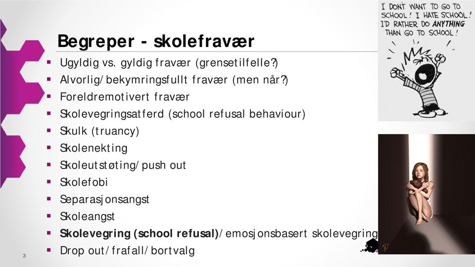 ) Foreldremotivert fravær Skolevegringsatferd (school refusal behaviour) Skulk (truancy)