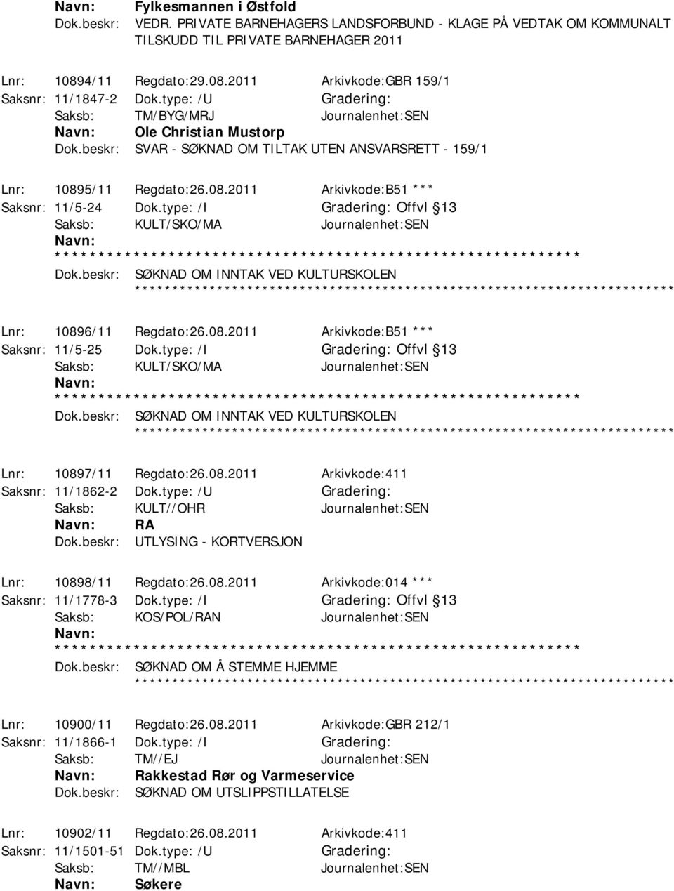 type: /I Offvl 13 Saksb: KULT/SKO/MA Journalenhet:SEN Dok.beskr: SØKNAD OM INNTAK VED KULTURSKOLEN ************ Lnr: 10896/11 Regdato:26.08.2011 Arkivkode:B51 *** Saksnr: 11/5-25 Dok.