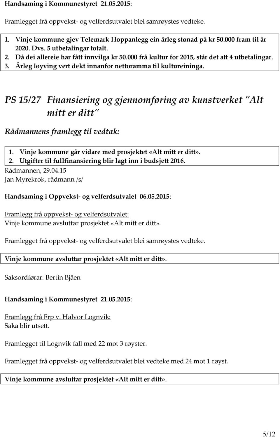 PS 15/27 Finansiering og gjennomføring av kunstverket "Alt mitt er ditt" Rådmannens framlegg til vedtak: 1. Vinje kommune går vidare med prosjektet «Alt mitt er ditt». 2.