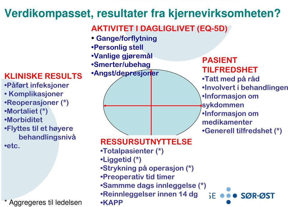 * Aggregeres til ledelsen AKTIVITET I DAGLIGLIVET (EQ-5D) Gange/forflytning Personlig stell Vanlige gjøremål Smerter/ubehag Angst/depresjoner