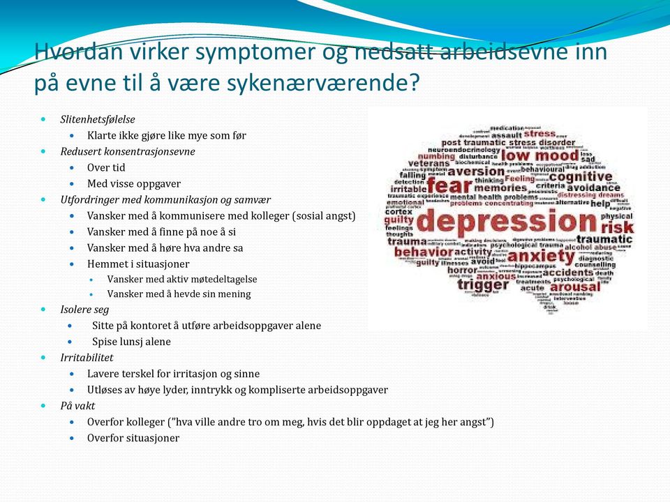 kolleger (sosial angst) Vansker med å finne på noe å si Vansker med å høre hva andre sa Hemmet i situasjoner Isolere seg Vansker med aktiv møtedeltagelse Vansker med å hevde sin mening