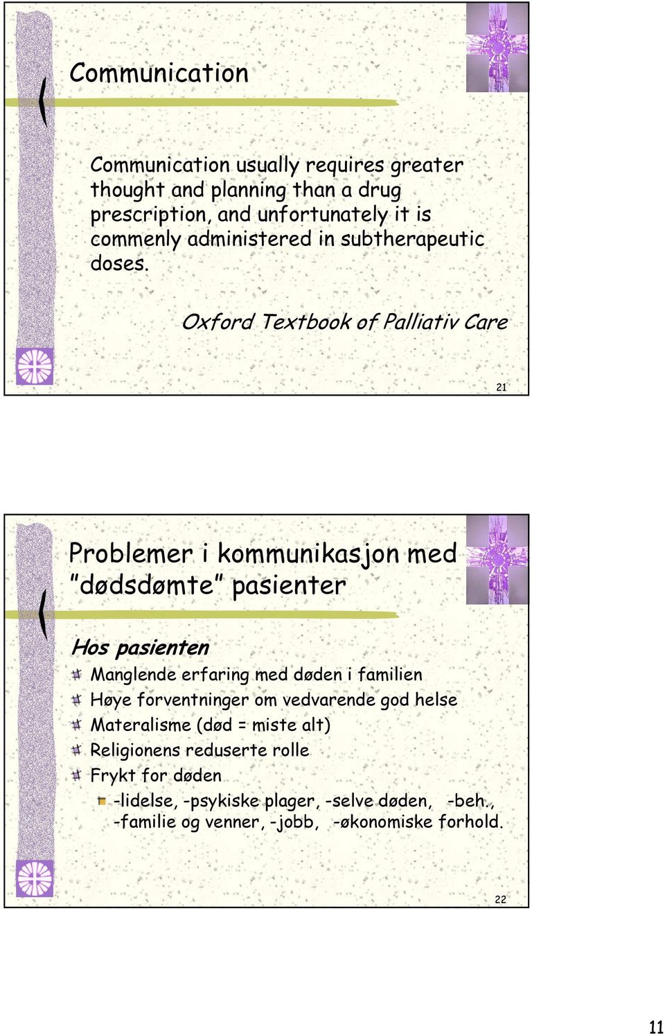 Oxford Textbook of Palliativ Care 21 Problemer i kommunikasjon med dødsdømte pasienter Hos pasienten Manglende erfaring med døden i