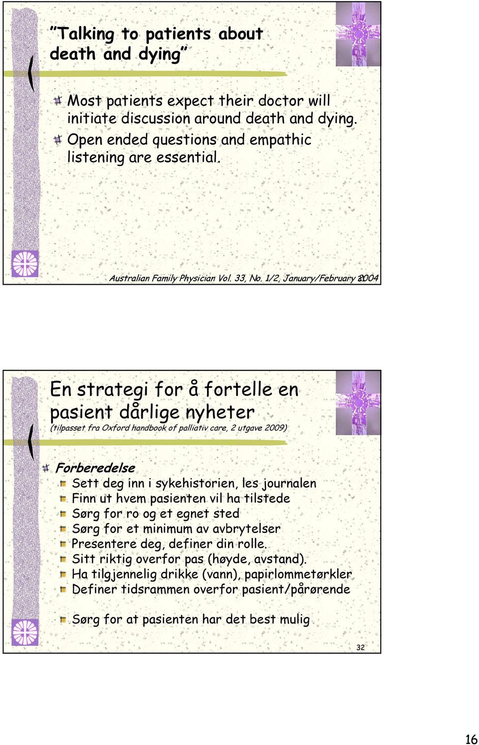 1/2, January/February 2004 31 En strategi for å fortelle en pasient dårlige nyheter (tilpasset fra Oxford handbook of palliativ care, 2 utgave 2009) Forberedelse Sett deg inn i