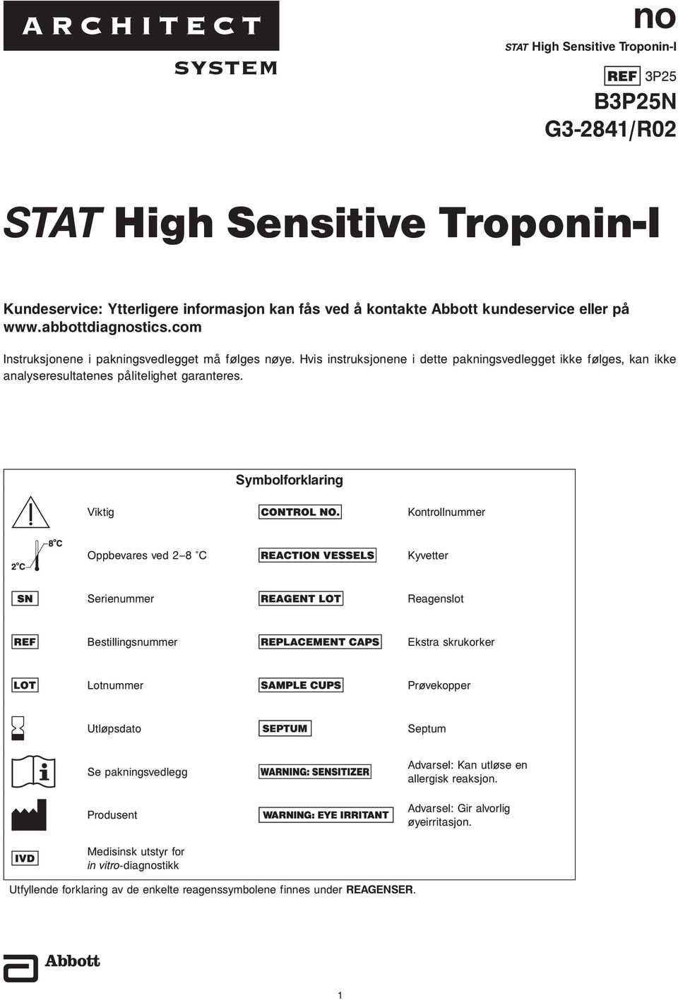 Symbolforklaring Viktig Kontrollnummer Oppbevares ved 2 8 C Kyvetter Serienummer Reagenslot Bestillingsnummer Ekstra skrukorker Lotnummer Prøvekopper Utløpsdato Se pakningsvedlegg Produsent