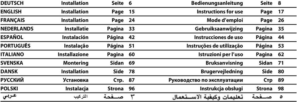 Instruções de utilização Página 53 ITALIANO Installazione Pagina 60 Istruzioni per l uso Pagina 62 SVENSKA Montering Sidan 69 Bruksanvisning Sidan 71 DANSK