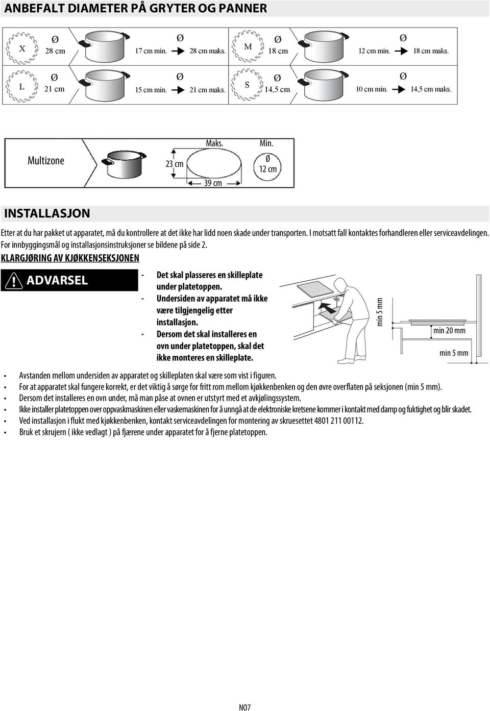 I motsatt fall kontaktes forhandleren eller serviceavdelingen. For innbyggingsmål og installasjonsinstruksjoner se bildene på side 2.