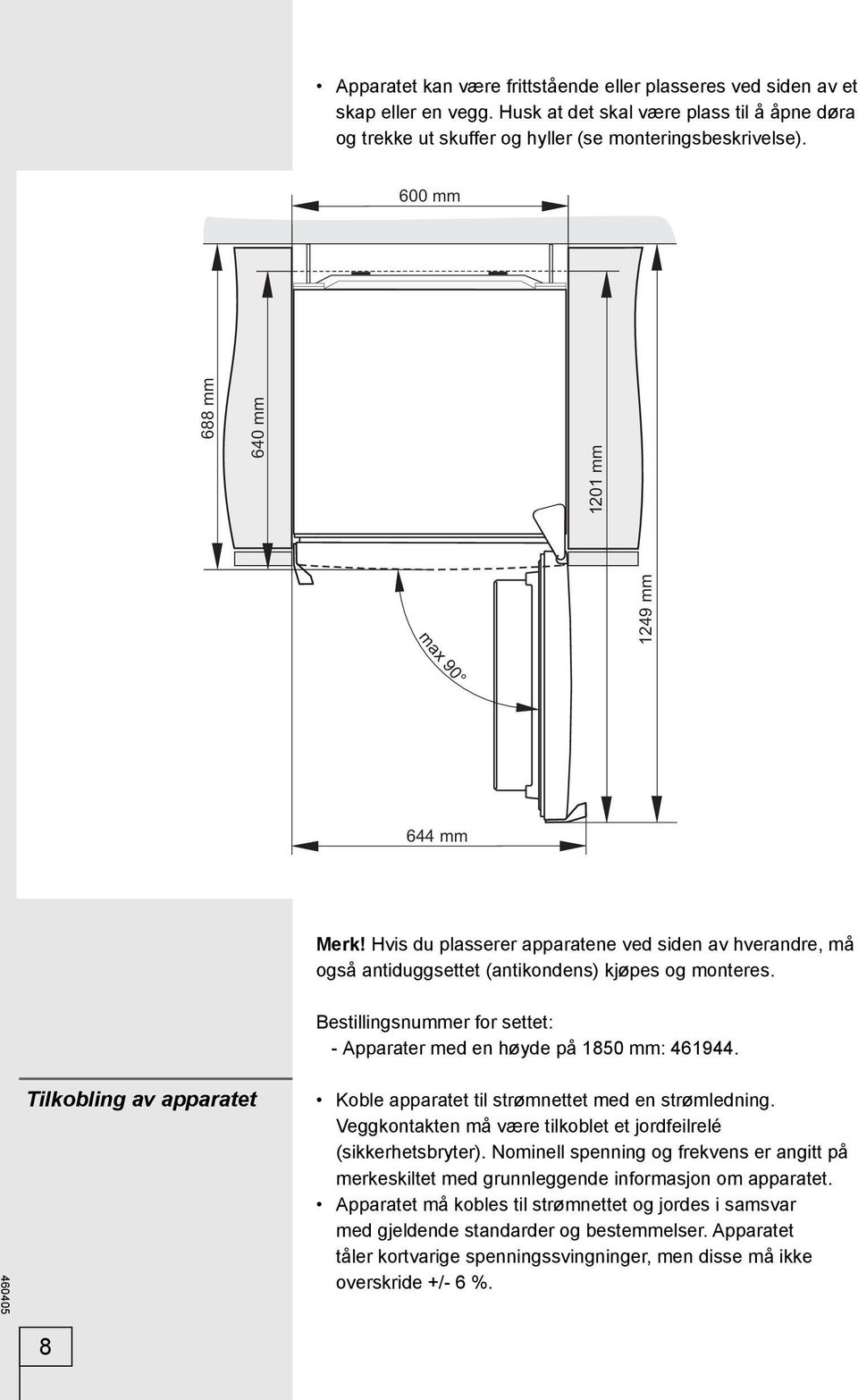 Bestillingsnummer for settet: - Apparater med en høyde på 1850 mm: 461944. Tilkobling av apparatet Koble apparatet til strømnettet med en strømledning.