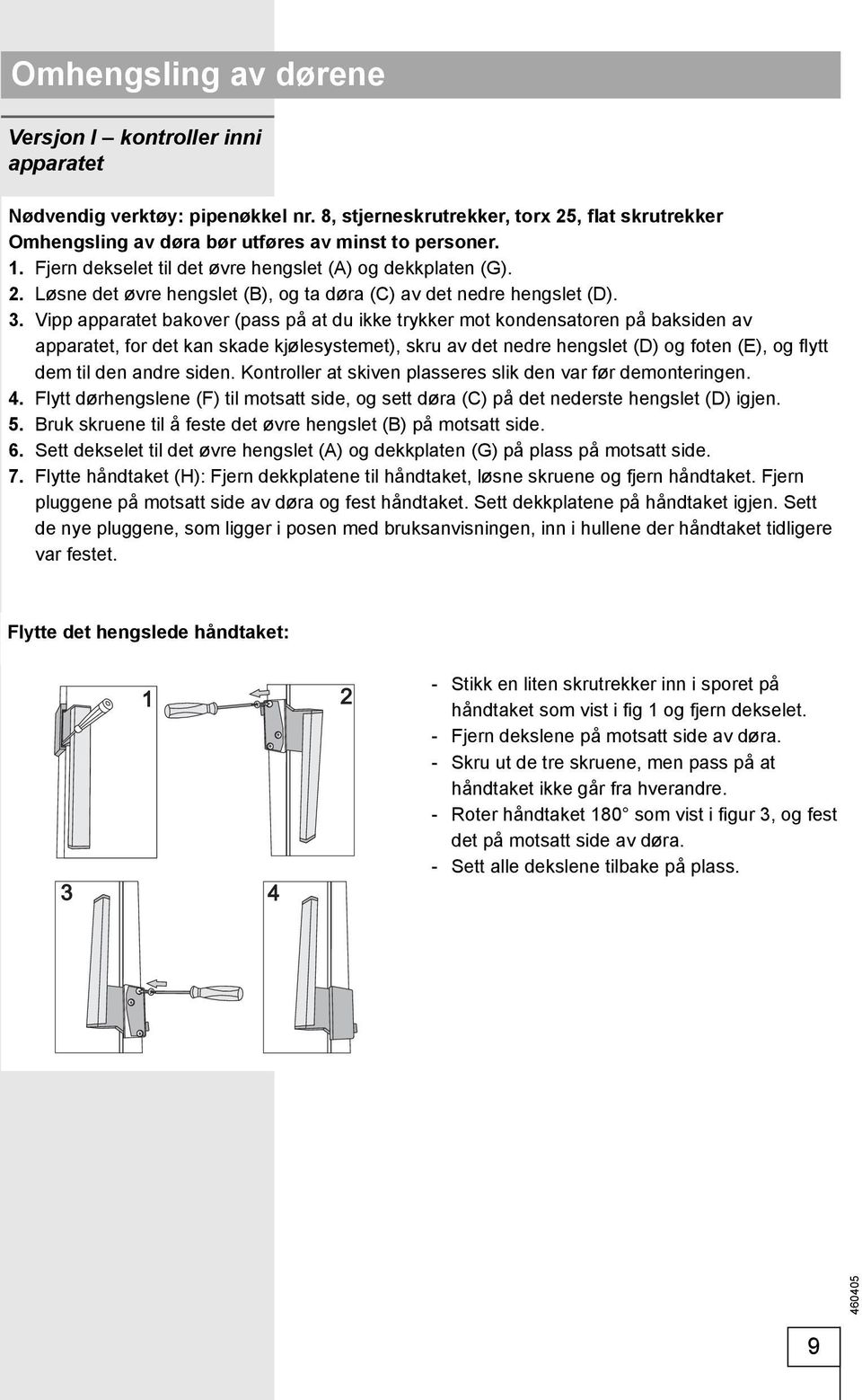 Vipp apparatet bakover (pass på at du ikke trykker mot kondensatoren på baksiden av apparatet, for det kan skade kjølesystemet), skru av det nedre hengslet (D) og foten (E), og fl ytt dem til den