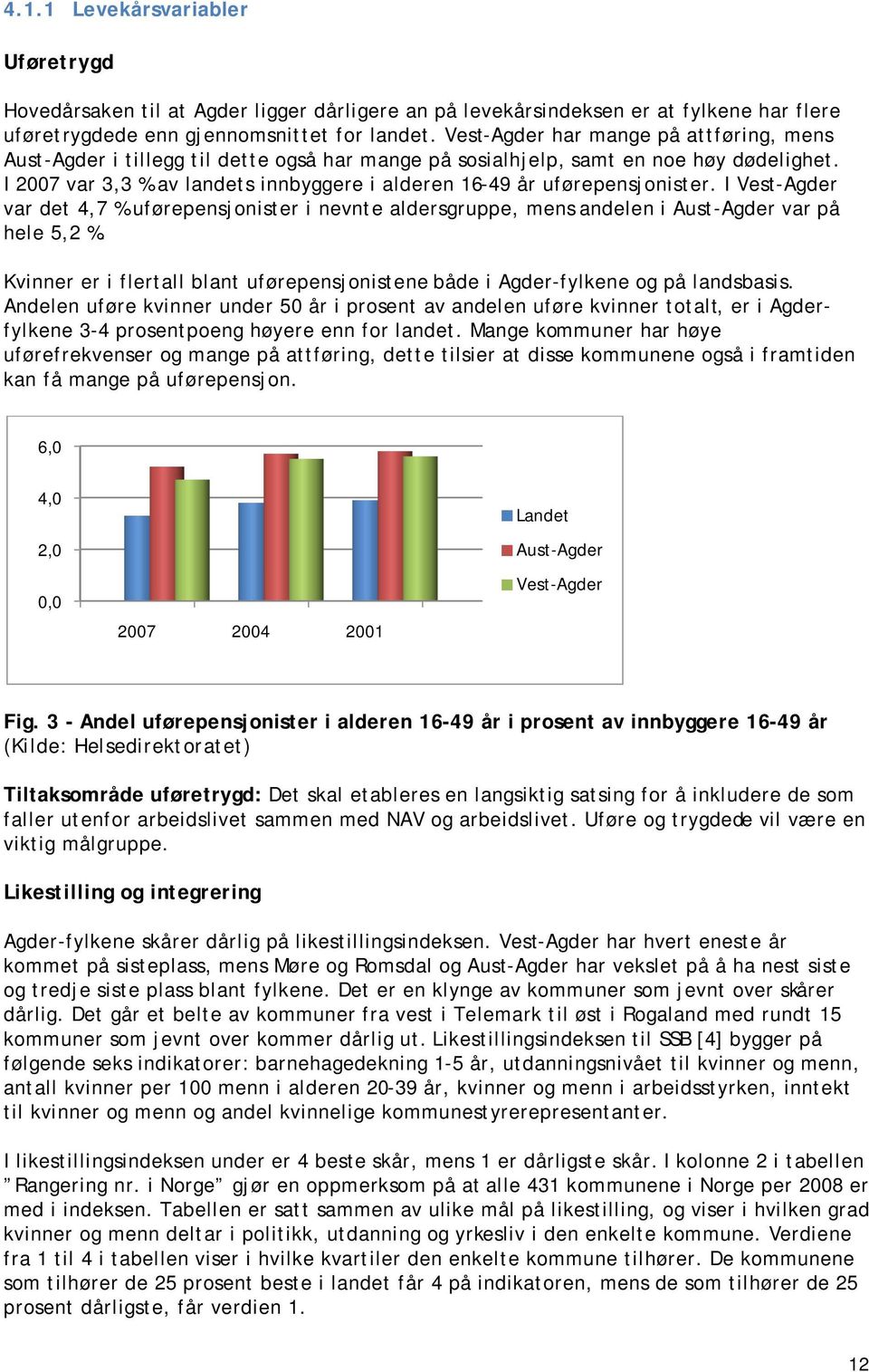 I 2007 var 3,3 % av landets innbyggere i alderen 16-49 år uførepensjonister. I Vest-Agder var det 4,7 % uførepensjonister i nevnte aldersgruppe, mens andelen i Aust-Agder var på hele 5,2 %.