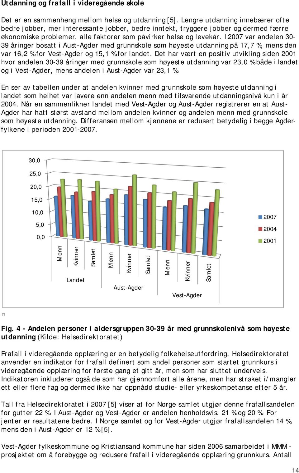 I 2007 var andelen 30-39 åringer bosatt i Aust-Agder med grunnskole som høyeste utdanning på 17,7 %, mens den var 16,2 % for Vest-Agder og 15,1 % for landet.