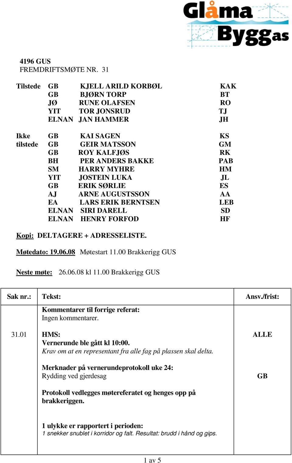 MYHRE HM YIT JOSTEIN LUKA JL ERIK SØRLIE ES AJ ARNE AUGUSTSSON AA EA LARS ERIK BERNTSEN LEB ELNAN SIRI DARELL SD ELNAN HENRY FORFOD HF Kopi: DELTAGERE + ADRESSELISTE. Møtedato: 19.06.08 Møtestart 11.