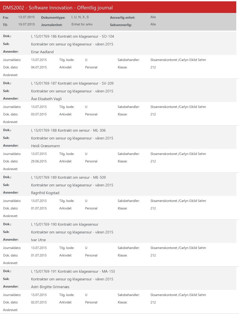 2015 Arkivdel: Personal I, 15/01769-188 Kontrakt om sensur - ML-306 Heidi Græssmann Dok. dato: 29.06.2015 Arkivdel: Personal I, 15/01769-189 Kontrakt om sensur - ME-509 Ragnfrid Kogstad Dok.