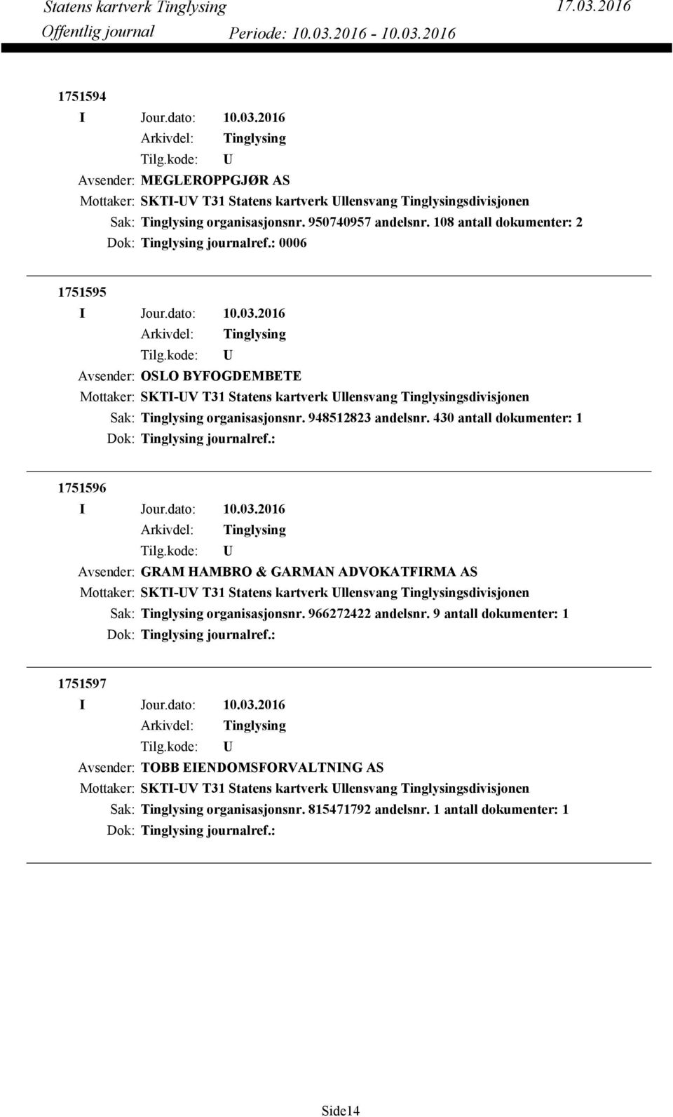 430 antall dokumenter: 1 Dok: journalref.: 1751596 Avsender: GRAM HAMBRO & GARMAN ADVOKATFIRMA AS Mottaker: SKTI-V T31 Statens kartverk llensvang sdivisjonen organisasjonsnr.