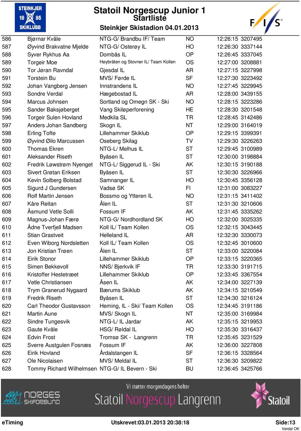 IL NO 12:27:45 3229945 593 Sondre Verdal Hægebostad IL AR 12:28:00 3439155 594 Marcus Johnsen Sortland og Omegn SK - Ski NO 12:28:15 3223286 595 Sander Baksjøberget Vang Skiløperforening HE 12:28:30