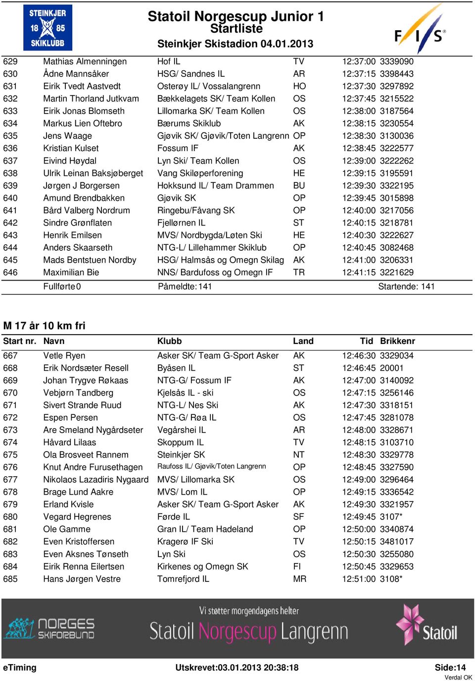 Waage Gjøvik SK/ Gjøvik/Toten Langrenn OP 12:38:30 3130036 636 Kristian Kulset Fossum IF AK 12:38:45 3222577 637 Eivind Høydal Lyn Ski/ Team Kollen OS 12:39:00 3222262 638 Ulrik Leinan Baksjøberget