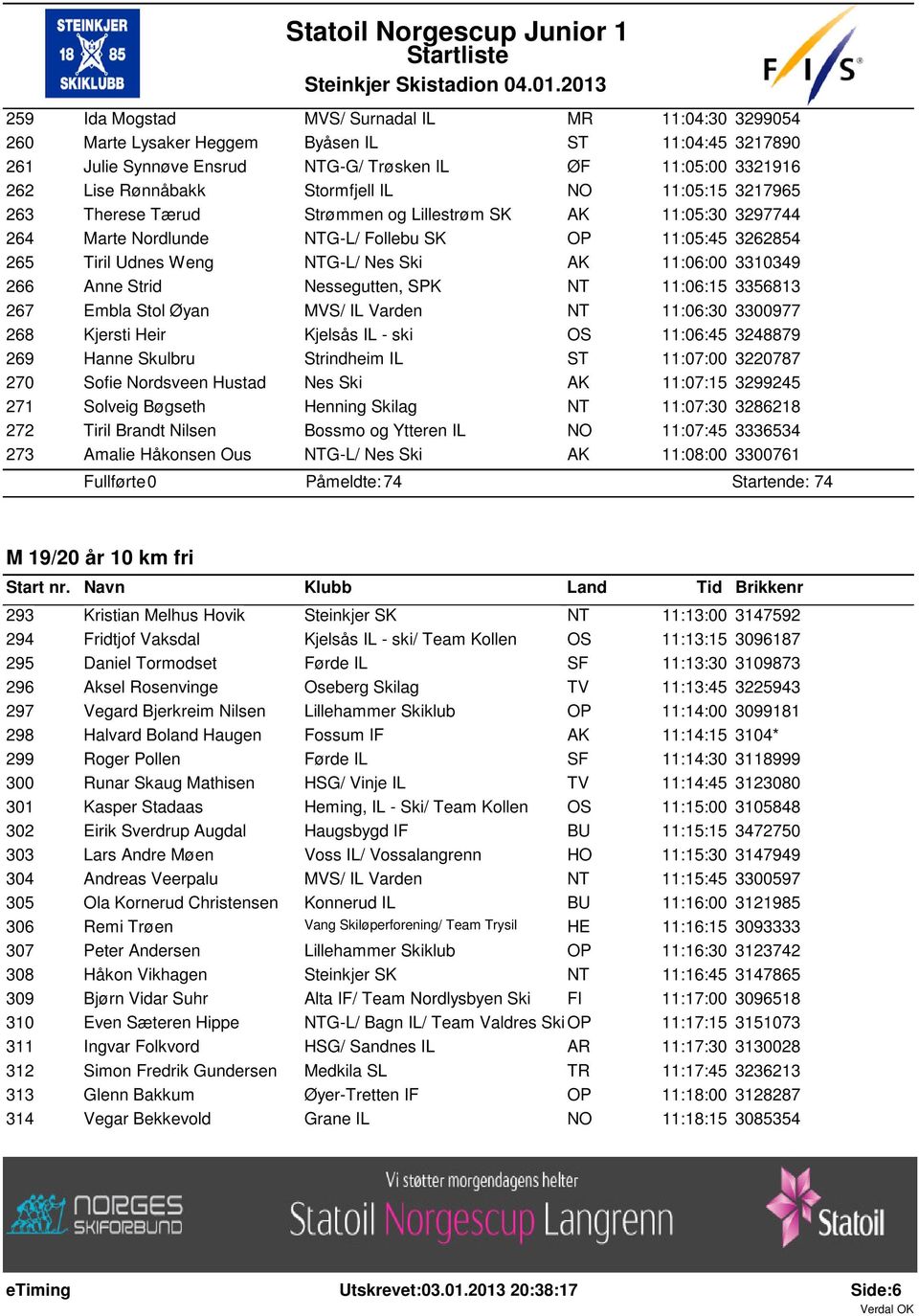 11:06:00 3310349 266 Anne Strid Nessegutten, SPK NT 11:06:15 3356813 267 Embla Stol Øyan MVS/ IL Varden NT 11:06:30 3300977 268 Kjersti Heir Kjelsås IL - ski OS 11:06:45 3248879 269 Hanne Skulbru