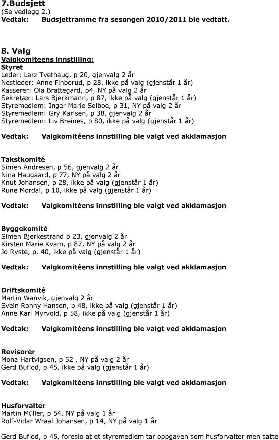 Lars Bjerkmann, p 87, ikke på valg (gjenstår 1 år) Styremedlem: Inger Marie Selboe, p 31, NY på valg 2 år Styremedlem: Gry Karlsen, p 38, gjenvalg 2 år Styremedlem: Liv Breines, p 80, ikke på valg