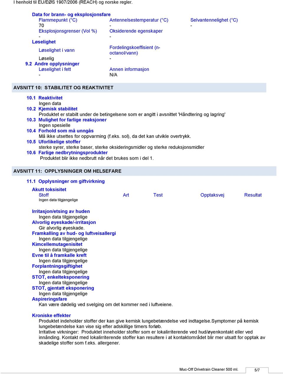 2 Kjemisk stabilitet Produktet er stabilt under de betingelsene som er angitt i avsnittet 'Håndtering og lagring' 10.3 Mulighet for farlige reaksjoner Ingen spesielle 10.